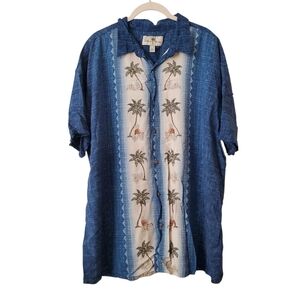 Island Shores Blue and White Palm Tree Button-Up Hawaiian Shirt